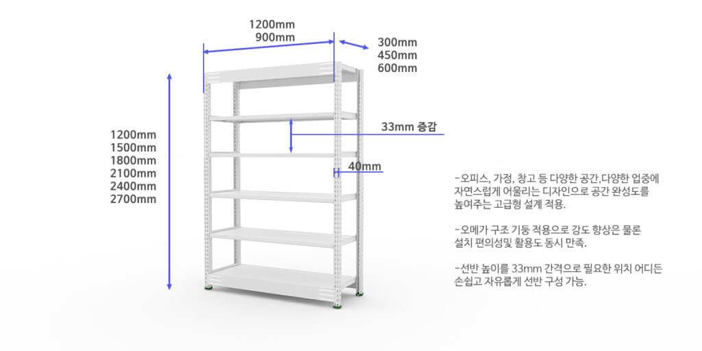 경량랙 치수 및 구조 도면 산업용 적재 선반 규격 이미지