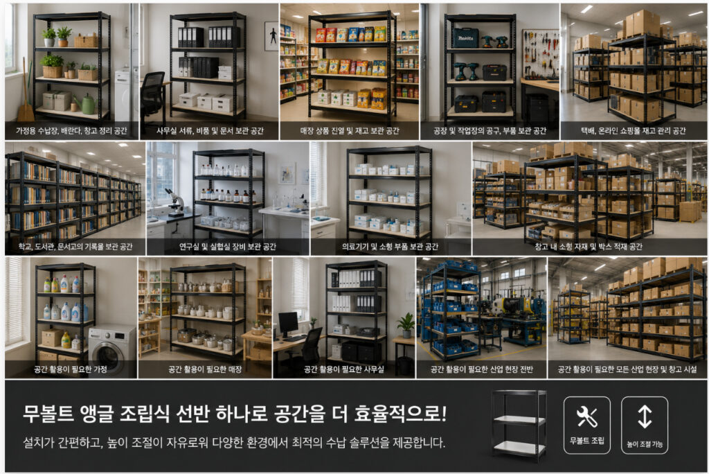 무볼트 조립식 앵글선반 활용 사례, 가정용 수납장, 사무실 문서 보관, 매장 진열대, 창고 재고 관리, 공장 부품 보관 공간